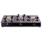 Pigeon by Stovekraft Aster 3 Burner Gas Stove with High Powered Brass Burner Gas Cooktop, Cooktop with Glass Top and Powder Coated Body, Black, Manual Ignition, Standard (14267)
