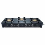 Preethi Alya Glass Top 3 Burner Gas Stove, Manual Ignition, Black with Bati Stand