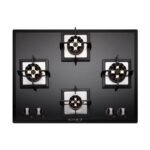 BLOWHOT Prism 4 Burner Hob Heavy LOTUS BRASS Burners Auto Ignition 70cms Toughened Glass Top, One 100mm Triple Ring Burner, One 90mm Double Ring Burner, One 70mm Brass Burner - Black
