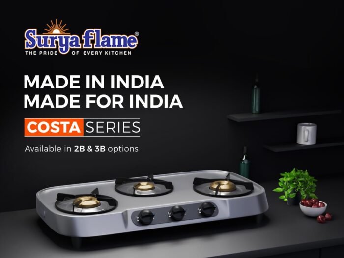Surya Flame LPG Gas Stove 3 Brass Burner Stainless Steel Stove Costa BIS Certified Doorstep Warranty with 2 Year (Silver) - Image 1
