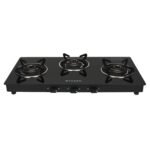 Faber 77cm 3 Burner Sleek Cooktop | 6mm Toughened Black Glass | Designer Burners | Powder Coated Pan Support | Nylon Knobs | Spill Proof | Valve Protection Cap | COOKTOP MIST 3BB AURA, Black