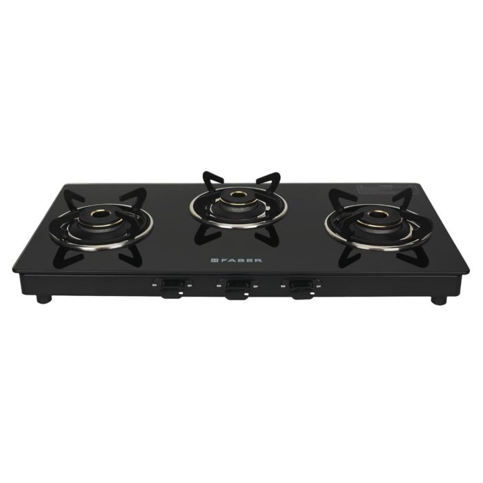Faber 77cm 3 Burner Sleek Cooktop | 6mm Toughened Black Glass | Designer Burners | Powder Coated Pan Support | Nylon Knobs | Spill Proof | Valve Protection Cap | COOKTOP MIST 3BB AURA, Black - Image 1