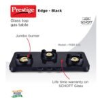 Prestige Edge Schott Glass-Top 3 Brass Burner Gas Stove | Black Ultra-Slim Body | Jumbo Burner | Pan Support With Flame Protection Guard