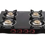 Butterfly Smart 4 Burner Glass Top Gas Stove | Manual Ignition | Scratch Resistant Toughened Glass | Brass Burners | Skid-proof Legs | 1 Year Manufacturer's Warranty | Black