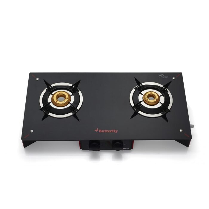 Butterfly Prism Glass 2 Burner Gas Stove, Black/Red - Image 1