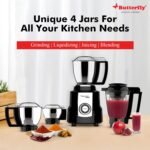 Butterfly Magnum 1.2HP Mixer Grinder with 4 Jars | 100% Copper Motor | 3 Stainless Steel Multipurpose Jars and 1 Juicer Jar | ABS Body | Handsfree Operation | Lifetime Motor Warranty| Black