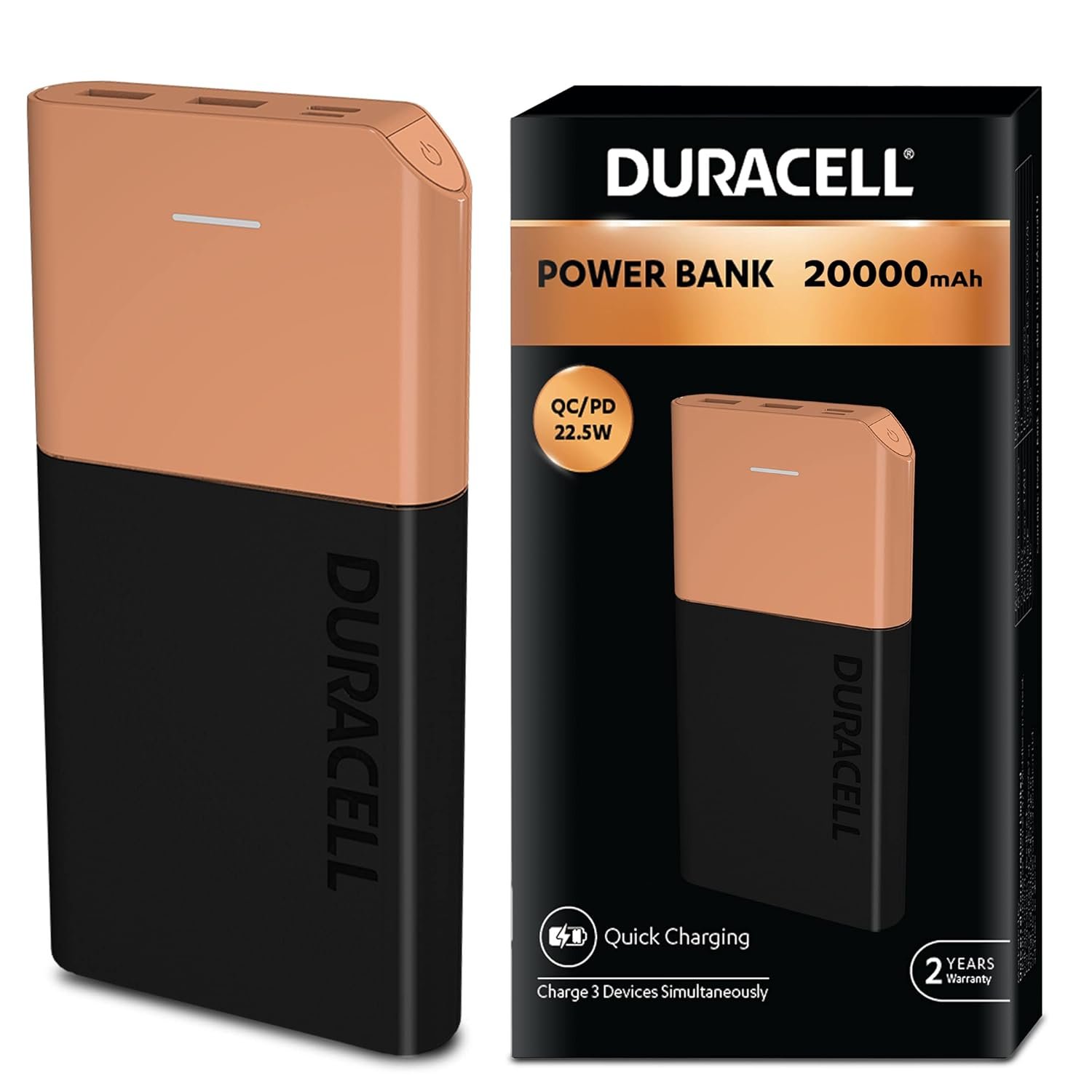 Duracell 20000 MAH Slimmest Power Bank with 1 Type C PD and 2 USB A Port, 22.5W Fast Charging Portable Charger to Charges 3 Devices Simultaneously for iPhones, Android Phones, Smart Watches & More Duracell 20000 MAH Slimmest Power Bank with 1 Type C PD and 2 USB A Port, 22.5W Fast Charging Portable Charger to Charges 3 Devices Simultaneously for iPhones, Android Phones, Smart Watches & More - Image 1