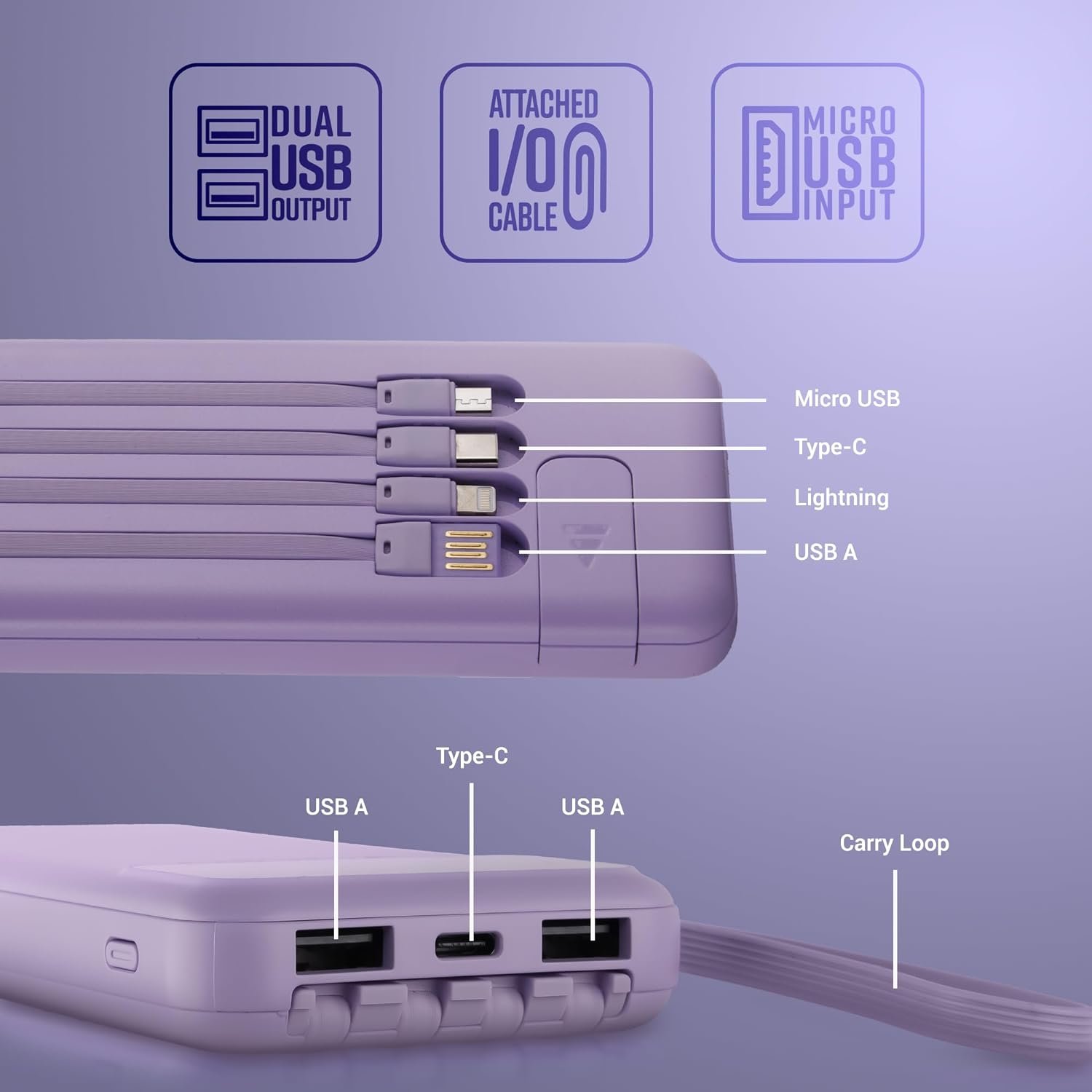 ZEBRONICS MB10000S6 Power Bank, 10000 mAh, 5 x Outputs - Dual USB A | Type C | Micro USB | Lightning, Built in I/O Cables, Mobile Holder, Percentage Display, Carry Loop, Made in India (LAVENDER) - Image 2