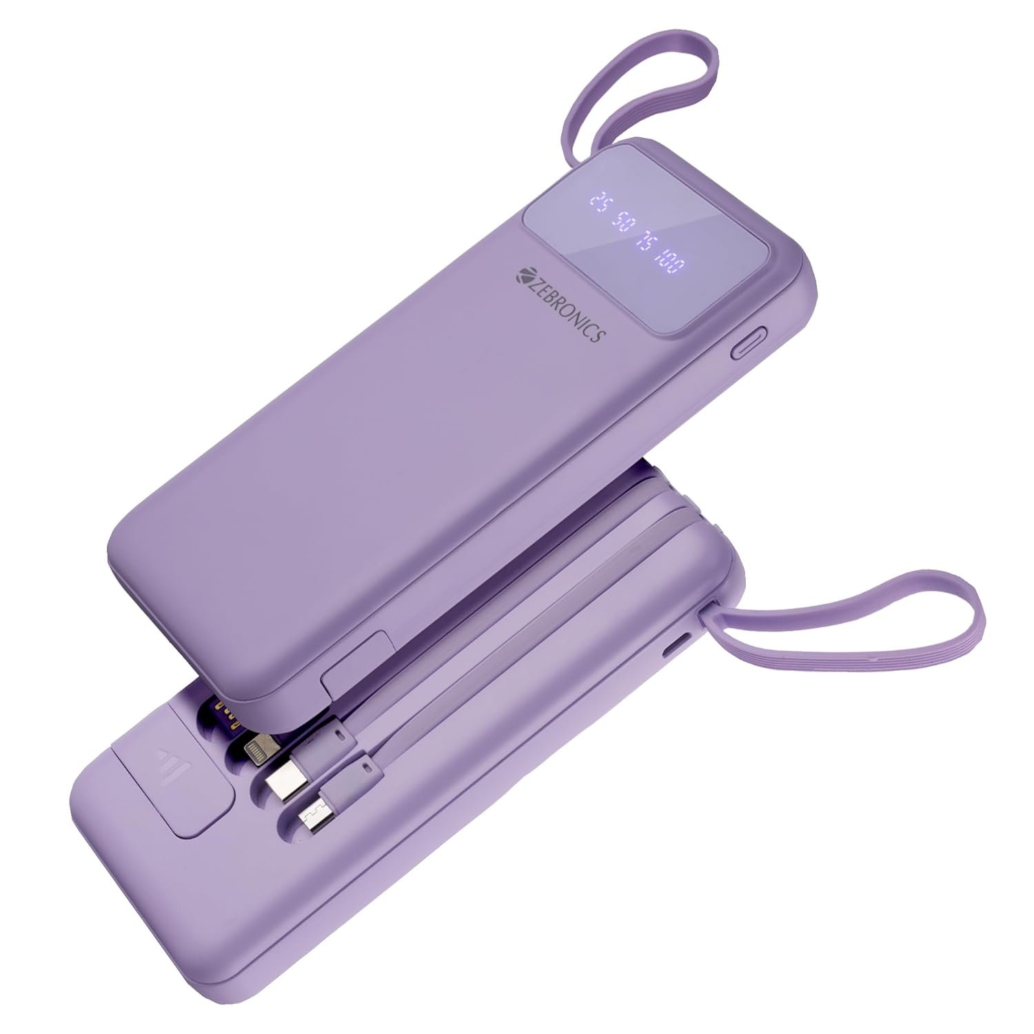 ZEBRONICS MB10000S6 Power Bank 10000 mAh 5 x Outputs Dual USB A Type C Micro USB Lightning Built in I O Cables Mobile Holder Percentage Display Carry Loop Made